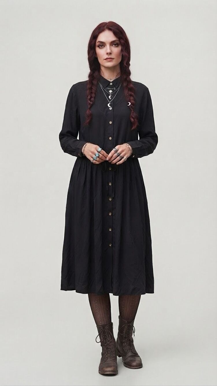 H&M NWT Black Long Sleeve Button Down Shirt Dress Size Small 100% witchy whimsy